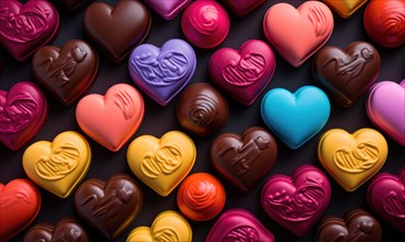 A colorful assortment of heart-shaped chocolates on a dark background AI generated
