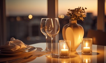 Warm and elegant dining table setting at sunset with soft candlelight AI generated
