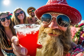 Man with long beard and sunglasses having fun with a drink at a summer party