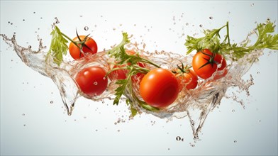 Tomatoes falling into water with splash on white background
