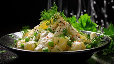 Potato salad with mayonnaise and green peas on black background AI generated AI generated