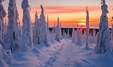 A serene snowy landscape at sunset