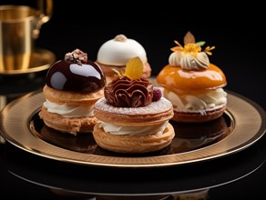 Delicious French pastry called Religieuse nicely arranged on a small plate garnished with chocolate sauce and creme. AI generated