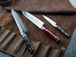 Excellent set of Japanese chef's knives from Damascus steel. View from above
