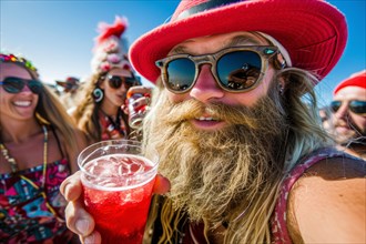 Man with long beard and sunglasses having fun with a drink at a summer party