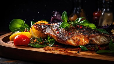 Grilled fish with herbs and spices on a cutting board AI generated