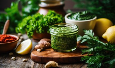 Homemade pesto sauce with ingredients on a wooden background. Selective focus AI generated
