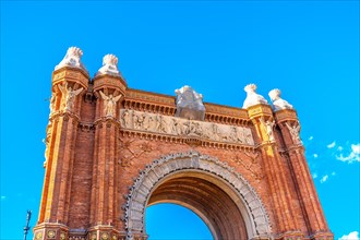 Upper area of the Triumphal Arch of Barcelona. The Arc de Triomf is an arch in the city of Barcelona in Catalonia