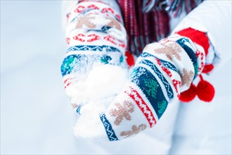 Image of a snowball in Christmas mittens. Concept for Christmas holidays and travel.