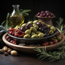 Verschiedene Oliven mit Nuessen und Kraeutern auf einem dunklen Tisch
