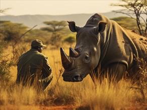 Evening light illuminates a ranger monitoring a rhinoceros in the grassland
