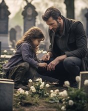 Man with young daughter sitting sadly at gravestone
