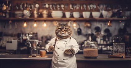 Cat barista in a coffee shop in a barista uniform