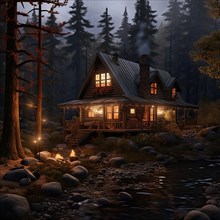 Modern cozy chalet with pool in beautiful forest at night AI generated