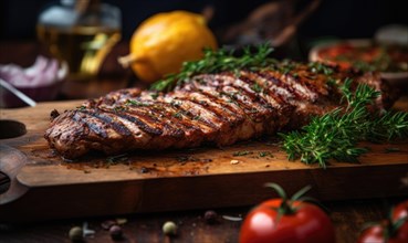 Grilled steak with rosemary and spices on a wooden cutting board AI generated