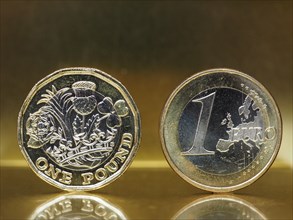 1 pound and 1 euro coin over metal background