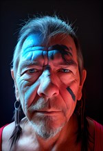 Serious Portrait of an Old Native American Warrior Chief with Tribal Panther Make-up