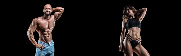 Muscular man and woman posing against a black background. Bodybuilding and fitness concept.