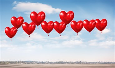 Red heart-shaped balloons lined up against a clear blue sky AI generated