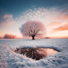 Tree with its reflection in a winter landscape at sunrise. Pink sunset on blue winter sky. Pond looks like a heart. AI generated