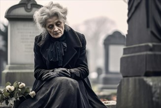 Woman sitting sadly at gravestone