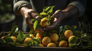 Hands carefully handling a basket of fresh oranges among shadows
