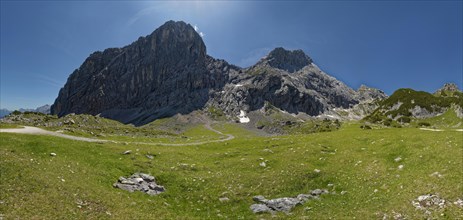 Panoramic view of imposing mountain peaks under a clear blue sky with a green meadow in the foreground
