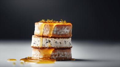 Delicious cake with cheese and honey sauce on grey background
