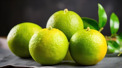 Fresh green limes with leaves on a black background. Close up AI generated