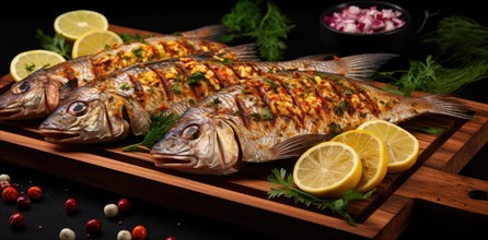 Grilled fish with lemon and vegetables on a wooden board. Restaurant menu AI generated