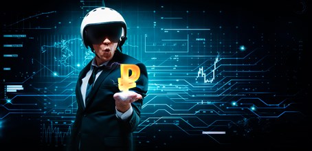 Portrait of a man in a suit and helmet. He put out a palm in which an electric charge and a ruble sign. Business concept. Stock market. Brokers and traders.