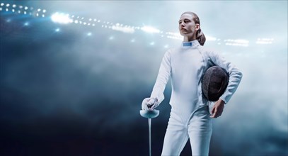 Young girl posing on a stadium background. The concept of fencing.