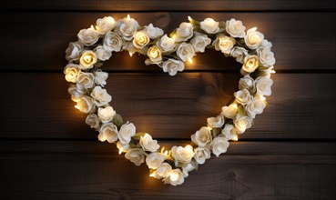 A romantic display of white roses in a heart shape with warm candlelight AI generated