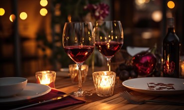 An intimate evening setting with wine glasses and candles illuminating the table AI generated