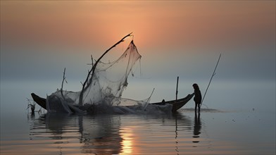 Fisherman working with net on the water