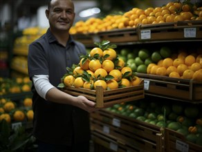 Smiling grocer presenting a basket of fresh oranges at the market