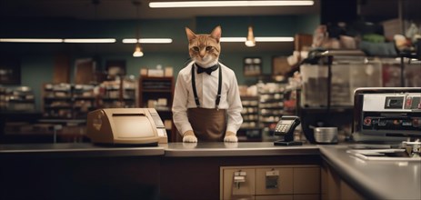 Cat cashier in a store behind the cash register