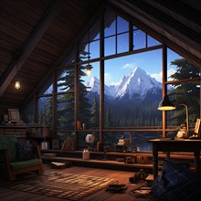 Wooden house in the mountains. view from window on mountains AI generated