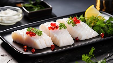 Raw white fish fillet with spices and lemon on wooden cutting board AI generated