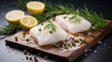 Raw cod fish fillet with herbs and spices on wooden cutting board AI generated