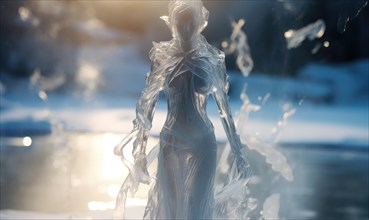 An ice sculpture resembling a dynamic female figure sparkles in the sun AI generated