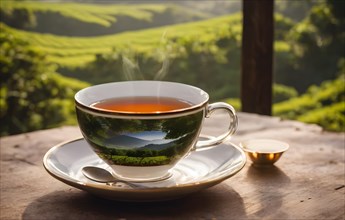 Ceramic cup of tea on wooden table and tea estate look from the window. AI Generated