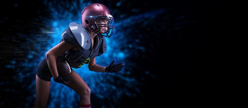 Image of a girl in the uniform of an American football team player. She runs with the ball against the background of light spots. Sports concept. Shoulders pads.
