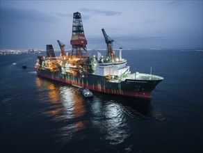 Offshore drilling ship in the evening with city lights in the far distance