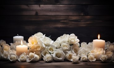 On the wooden table lies a romantic setup: heart-shaped white roses with candles AI generated