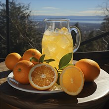Pitcher of fresh orange juice on a table with a sunny outdoor view