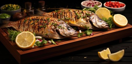 Grilled fish with lemon and vegetables on a wooden board on a black background AI generated