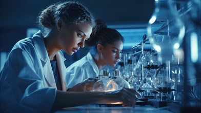 Two female scientists working in a laboratory. Science