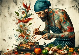 Fit tattooed indian man chef wear apron