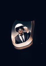 Portrait of a man in a helmet and a mask for sleeping. He looks from the back of the porthole and raises his visor. Airlines concept. Business flights. Charter flights.